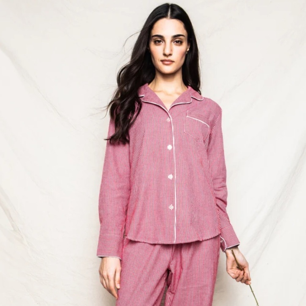 Petite Plume Red Mini Gingham Holiday Flannel Pajama Top Small
